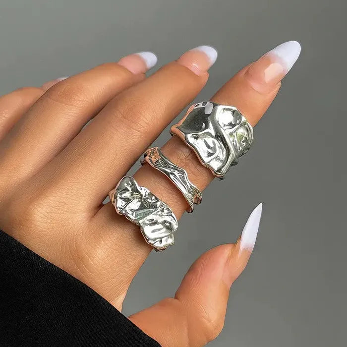 6Pcs Women's Silver Geometric Open Rings Set Metal Hollow Circle Jewelry