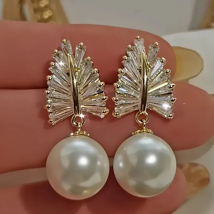 Geometric Leaf Imitation Pearl Drop Earrings for Bride Wedding Gift