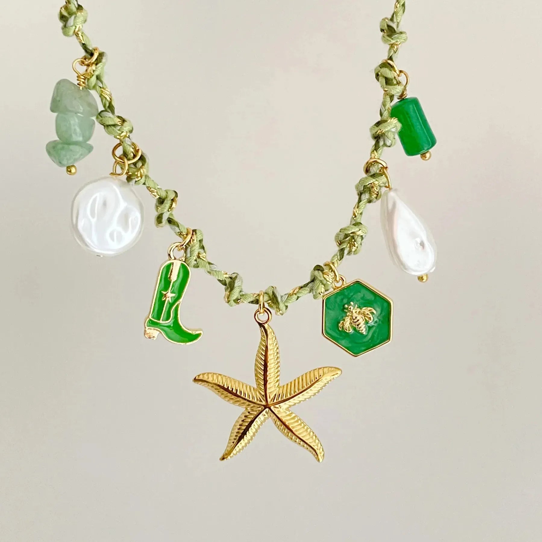 Stainless Steel Gold-Plated Starfish Turtle Knotting Rope Pendant Necklace