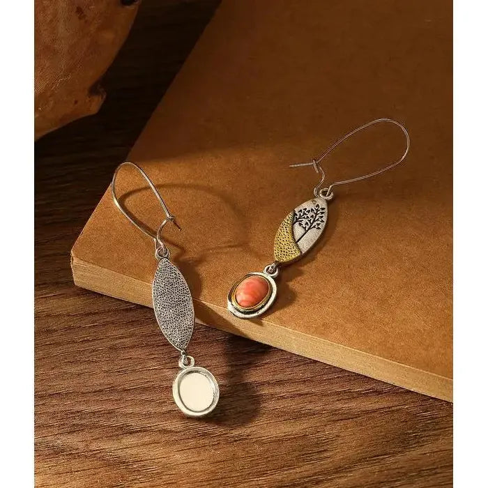 Silver Rose Gold Oval Tree Geometry Long Dangle Earrings for Women Zinc Alloy Jewelry