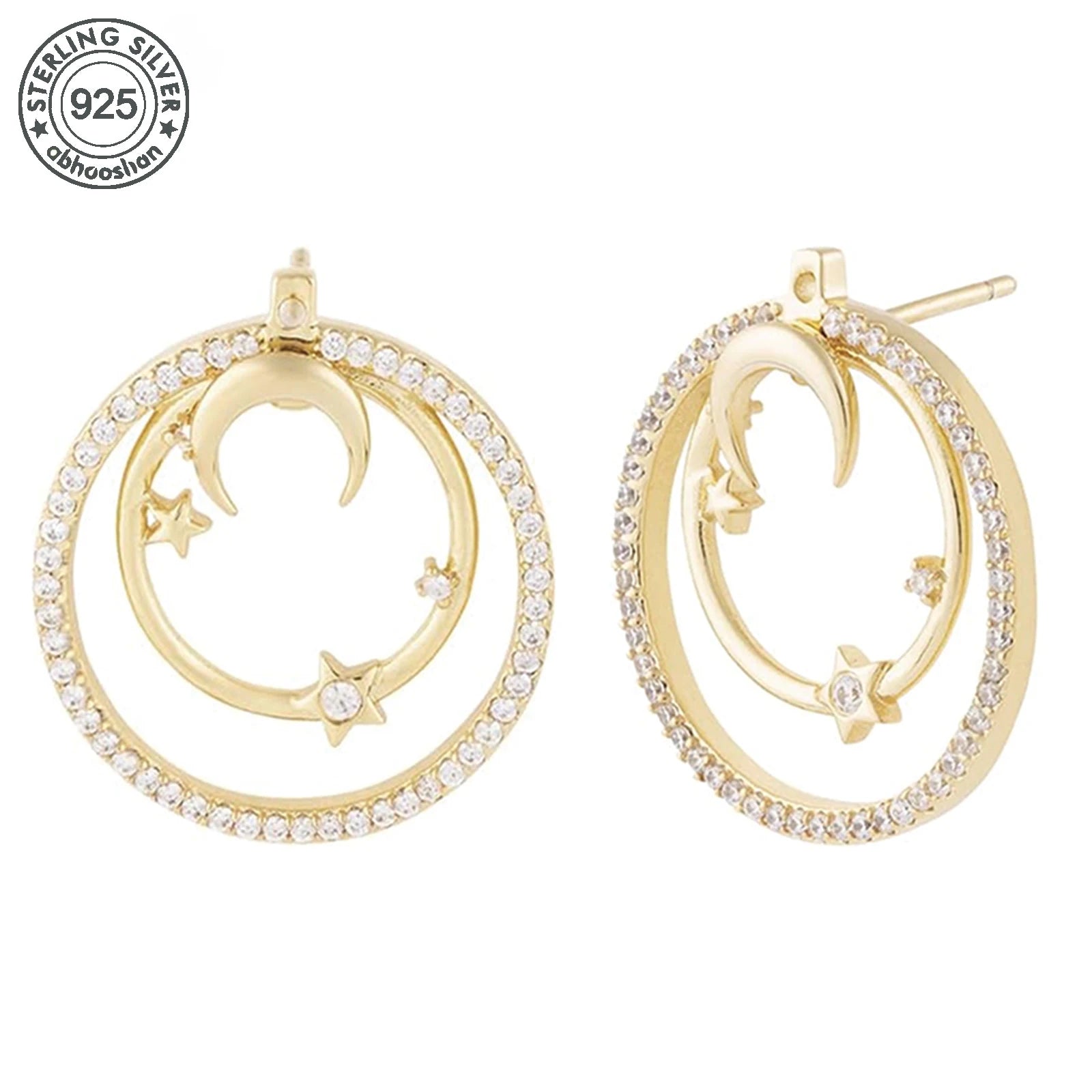 925 Sterling Silver Double Circle Stud Earrings – Synthetic Zirconia Unisex Men Women