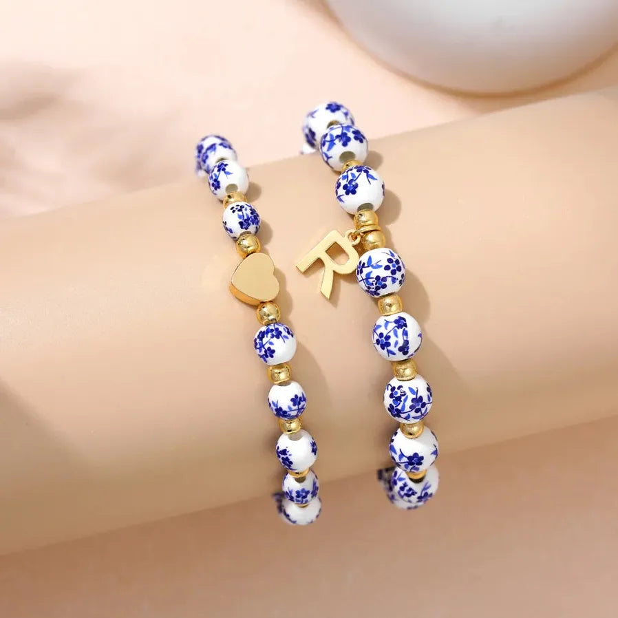 2 Pcs Handmade Blue White Porcelain Letter B Elastic Beaded Bracelet Jewelry Gift