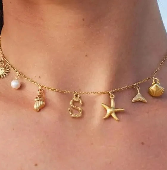 Copper Surfer Girl Seashell Initial Choker Necklace Beach Jewelry Gift