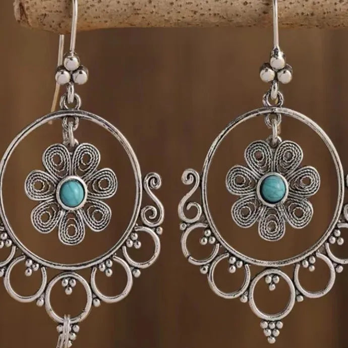 Vintage Blue Flower Hollow Drop Earrings Zinc Alloy Silver Plated Bohemian Gift