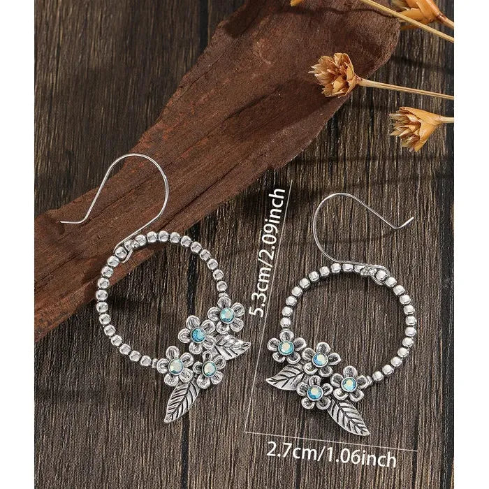 Vintage Zinc Alloy Carved Flower Drop Earrings with Colorful Gemstone Pendants for Women