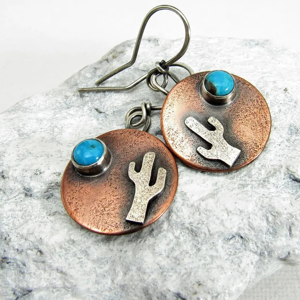 Vintage Silver Zinc Alloy Round Cactus Carved Drop Earrings for Women