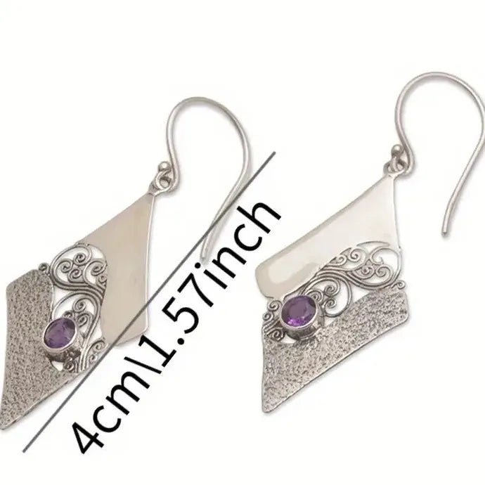 Geometric Pattern Carved Purple Gemstone Drop Earrings Zinc Alloy Gift