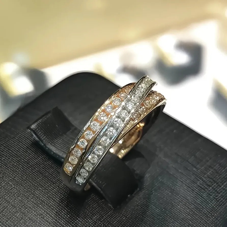 Two Tone Brass CZ Geometric Cross Wedding Rings for Women