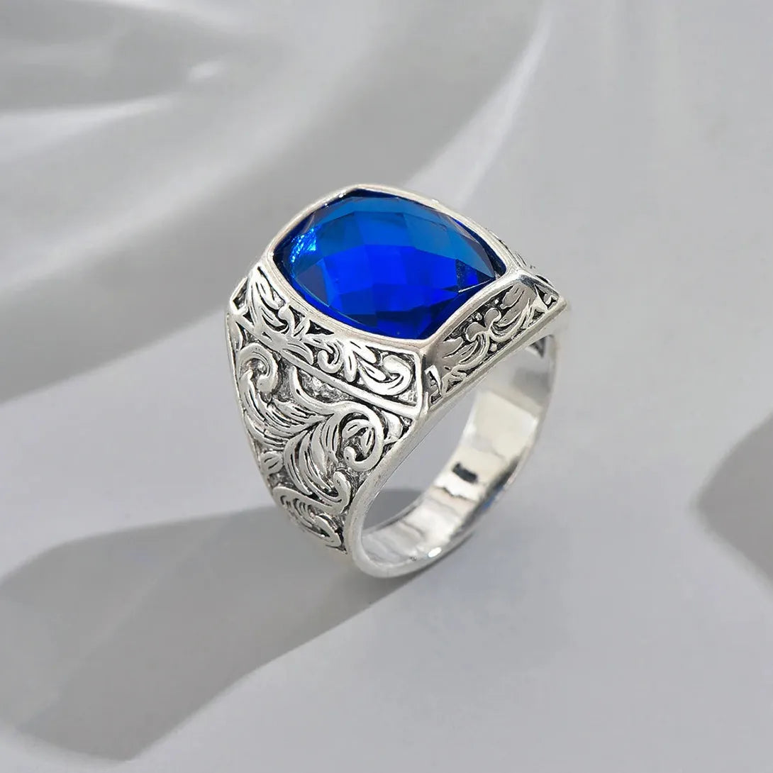 Vintage Punk Geometric Blue Zinc Alloy Men's Ring Luxury Anniversary Wedding Jewelry