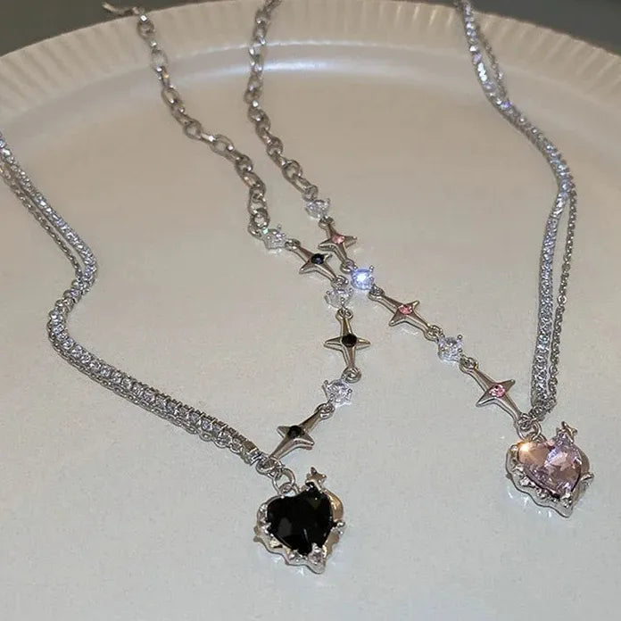 Y2K Kpop Black Heart Asymmetric Star Rhinestone Zinc Alloy Necklace