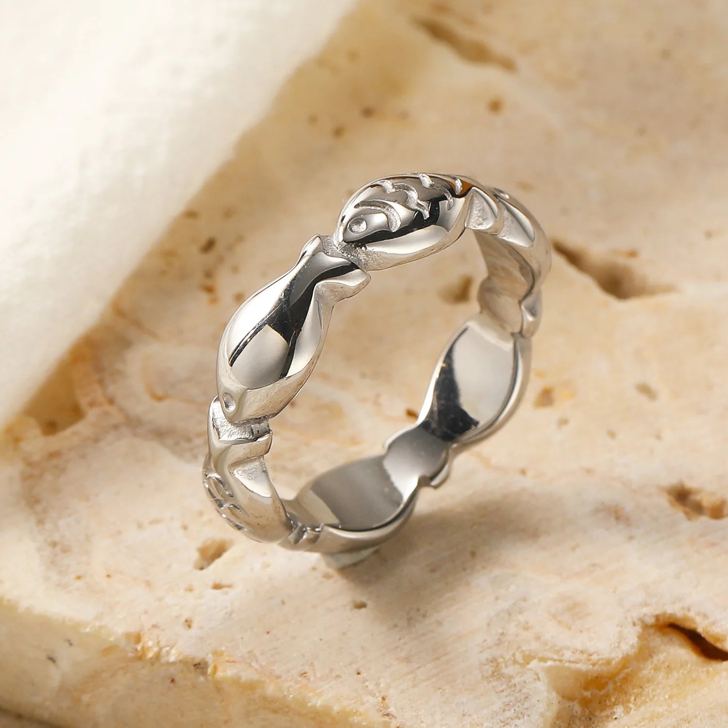 18K Gold Plated Tiny Fish Ring Stainless Steel Hypoallergenic Polished Jewelry