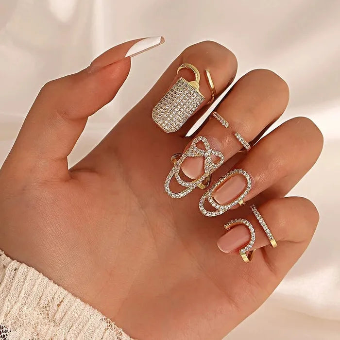 Adjustable Copper Inlaid Zircon Gold Plated Geometric Nail Ring for Women Party Jewelry