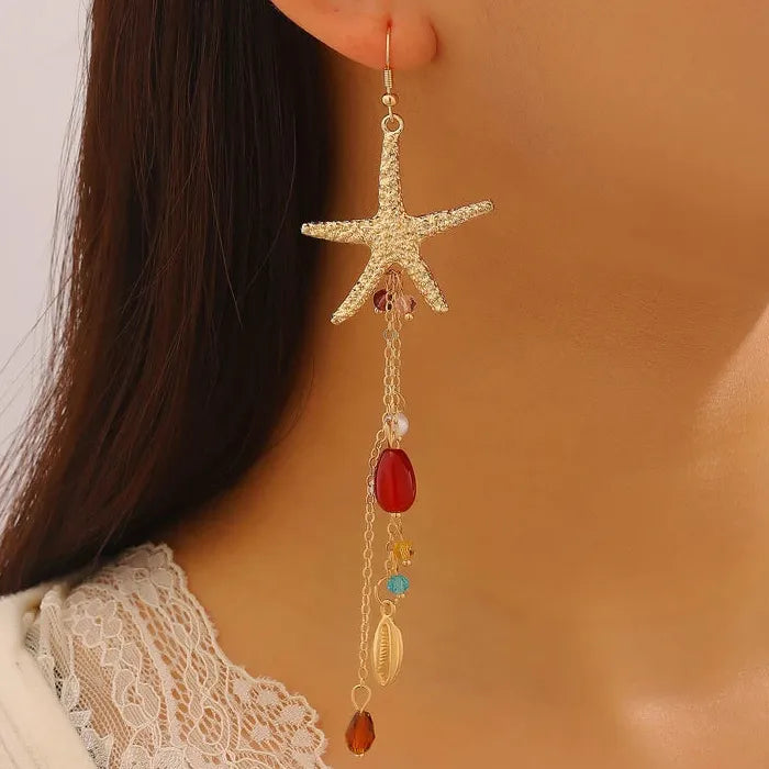 Boho Starfish Shell Jewelry Set Zinc Alloy Crystal Bead Necklace Earrings