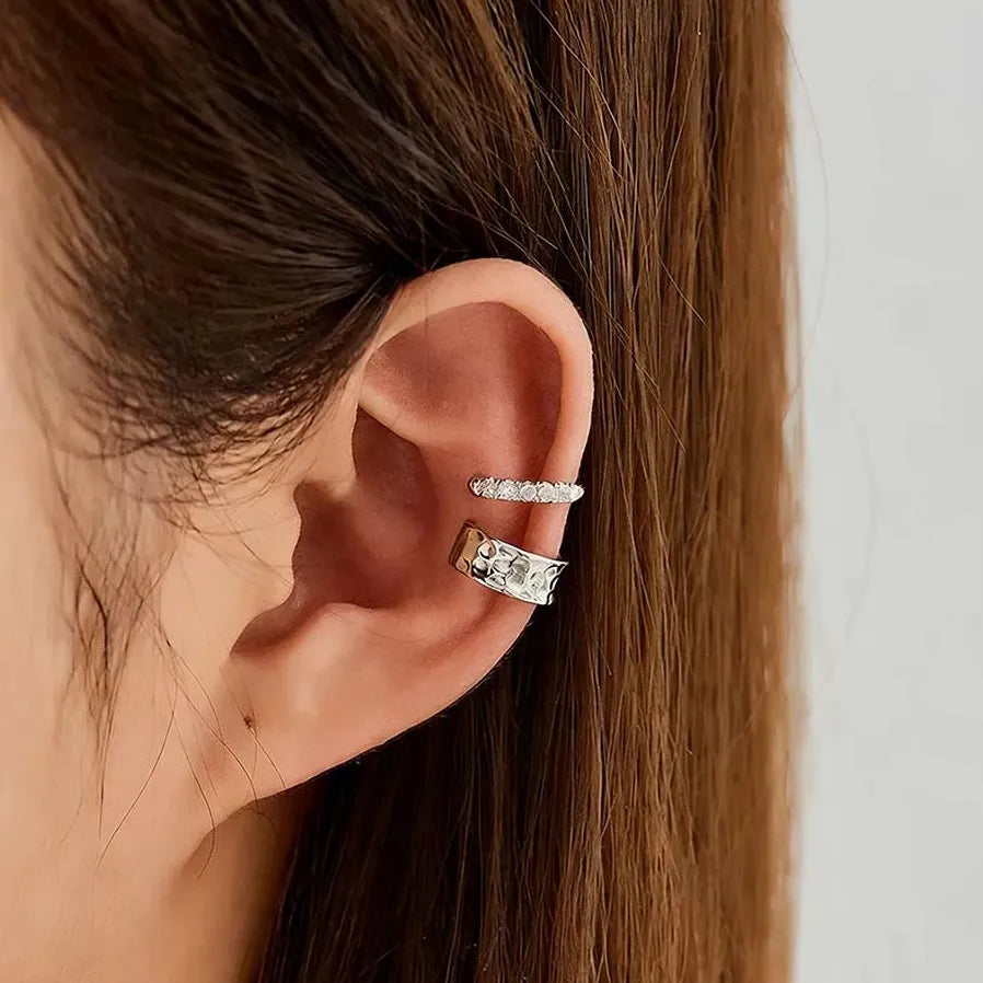 2Pcs Silver Crystal Clip Earrings Women Girls Minimalist Metal C-Shaped Ear Cuff Jewelry