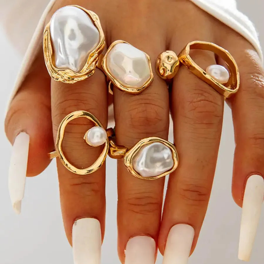 5Pcs Retro Baroque Pearl Asymmetric Geometric Gold Rings Set for Women Jewelry