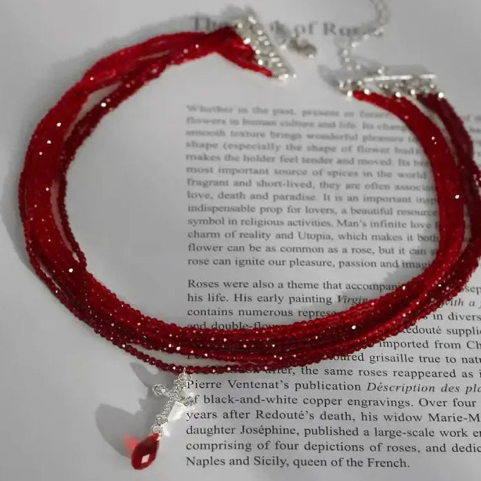 Punk Gothic Red Rhinestone Cross Crystal Pendant Choker Necklace Women