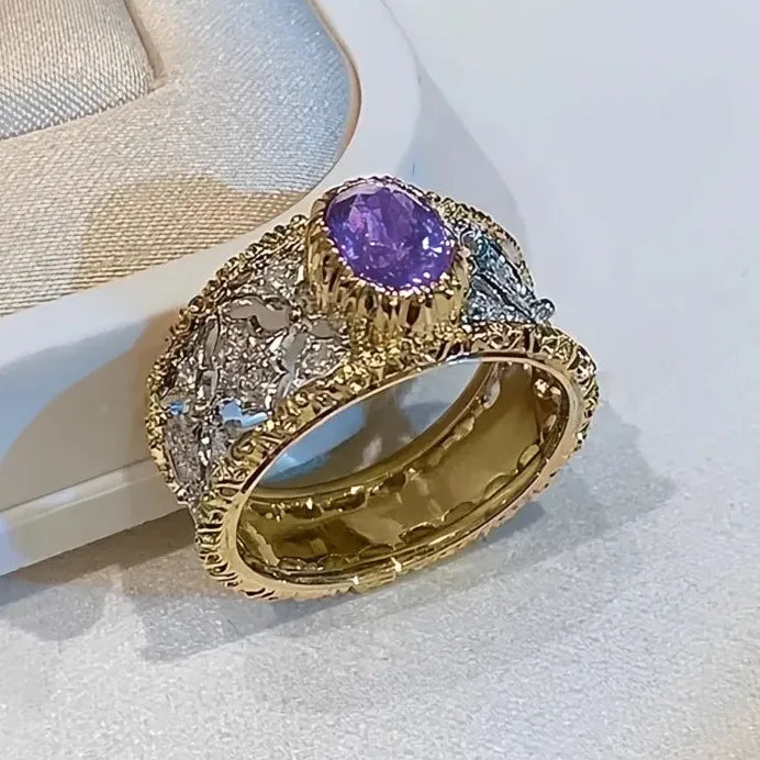 Two Tone Purple CZ Geometric Luxury Trendy Women's Wedding Band Ring