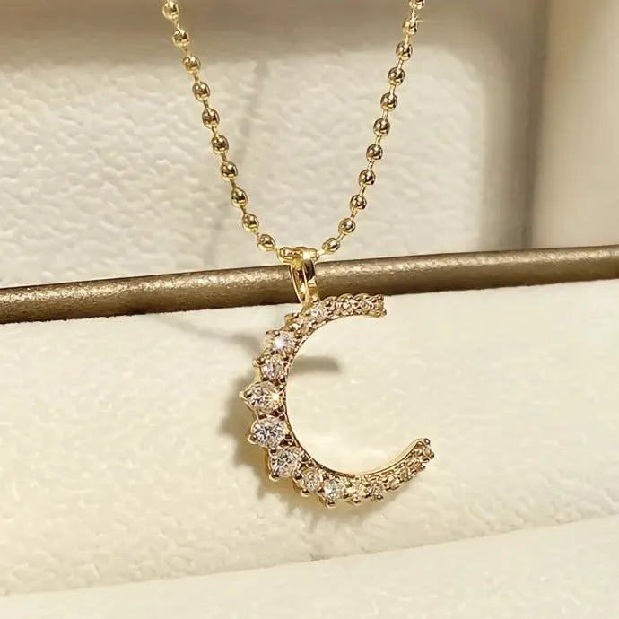 Shiny CZ Moon Pendant Necklace for Women Wedding Engagement Copper Alloy