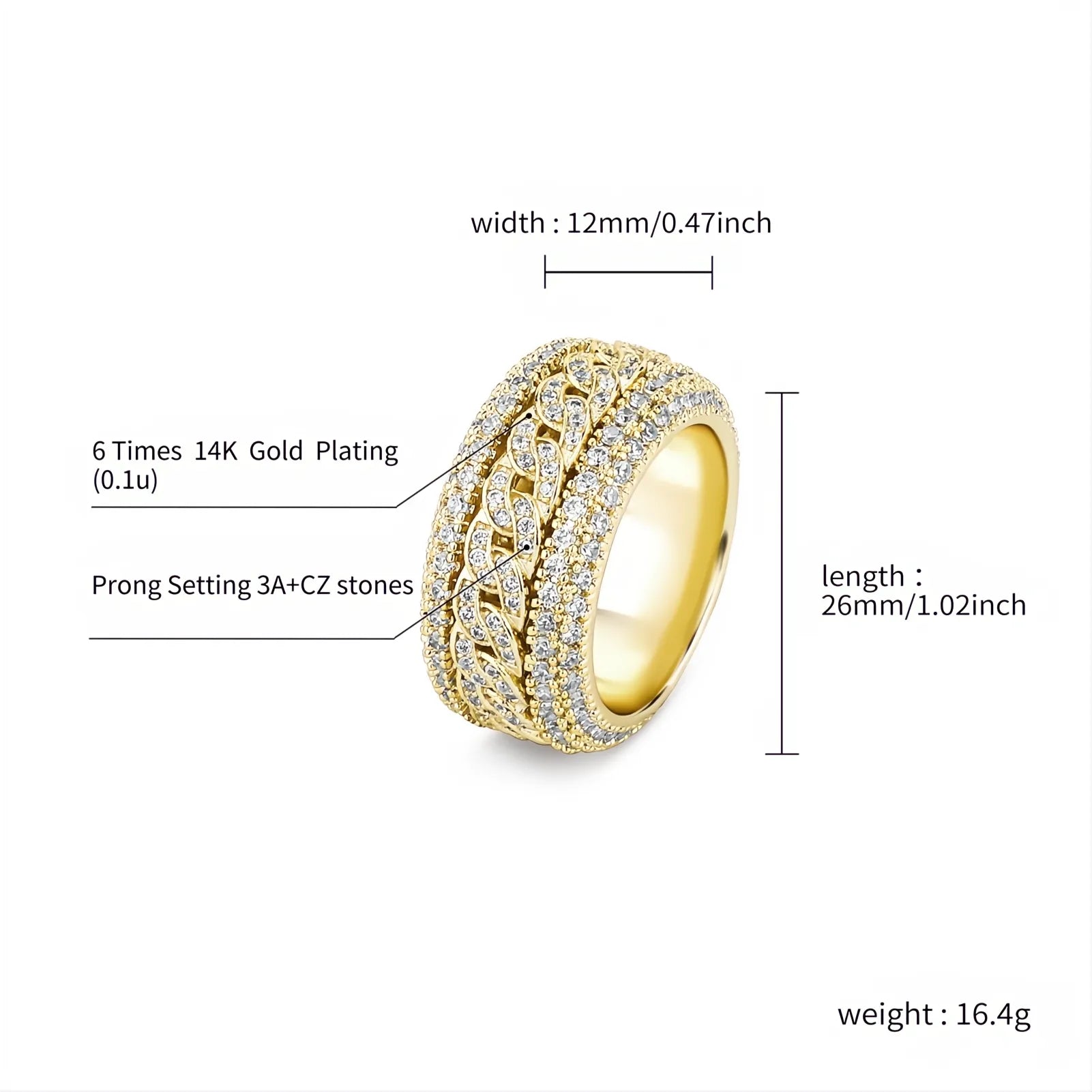 Iced Out Cuban Link Ring – Micro Pave CZ Hip Hop Bling Ring for Men Women