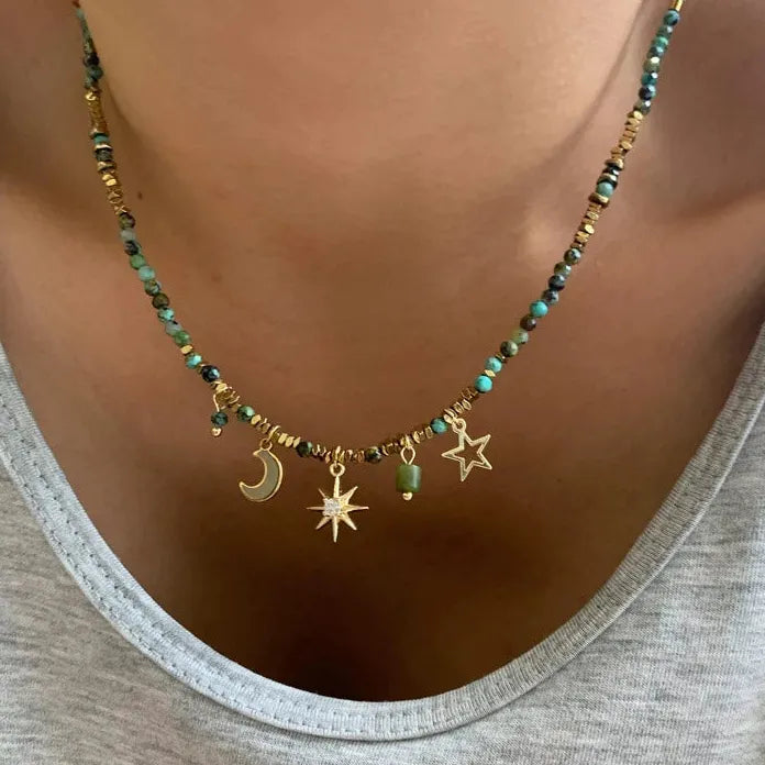 2026 Colored Bead Metal Chain Necklace Women Sun Moon Light Jewelry Gift