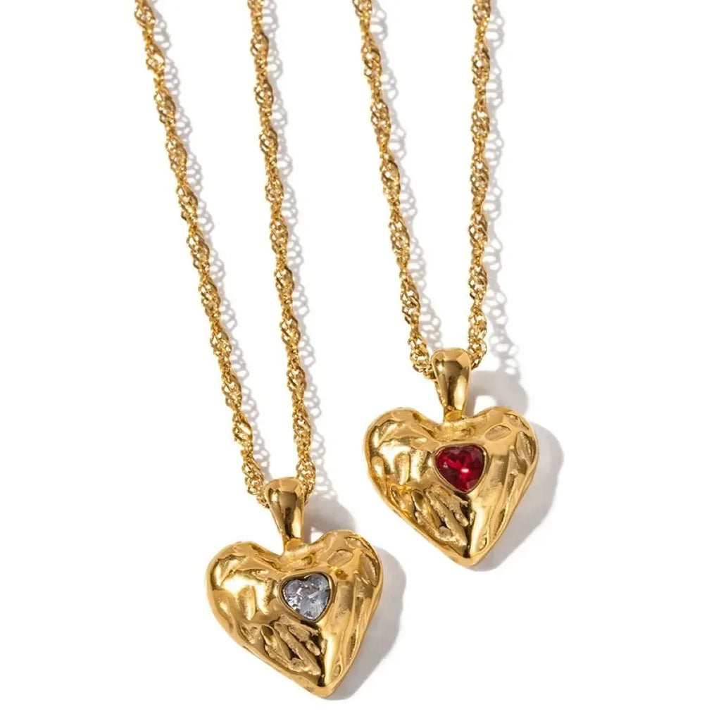 Gold Plated Ribbed Love Heart Pendant Crystal Choker Necklace Women Jewelry Waterproof Stainless Steel