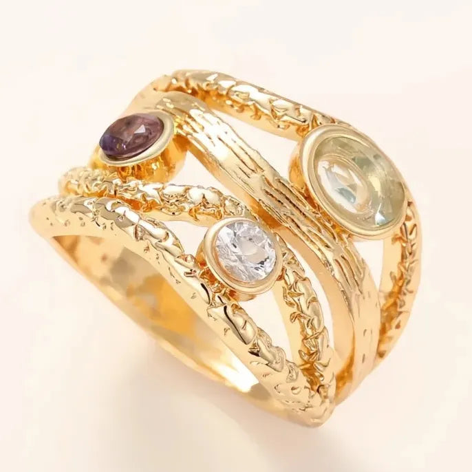 Women’s Irregular Geometric Zinc Alloy Ring with Colored Glass Stone Wedding Band