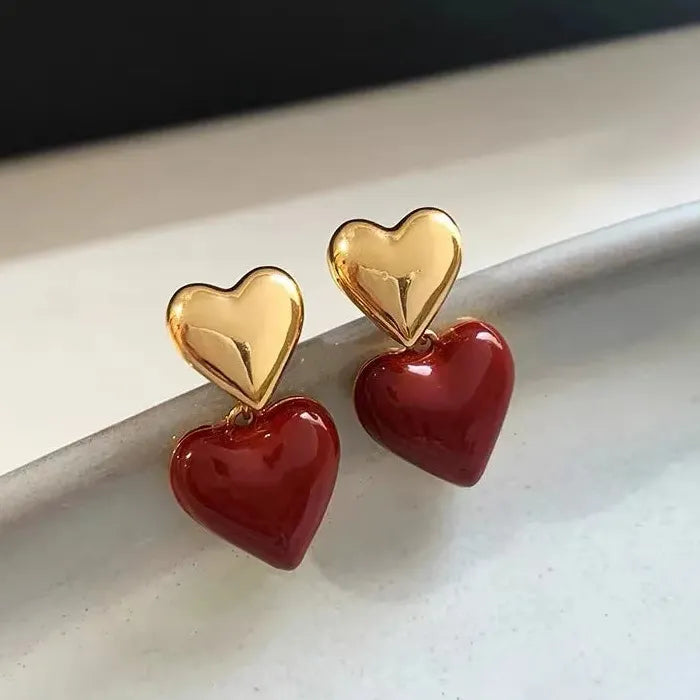 Red Heart Dripping Oil Dangle Earrings for Women Girls Zinc Alloy Enamel