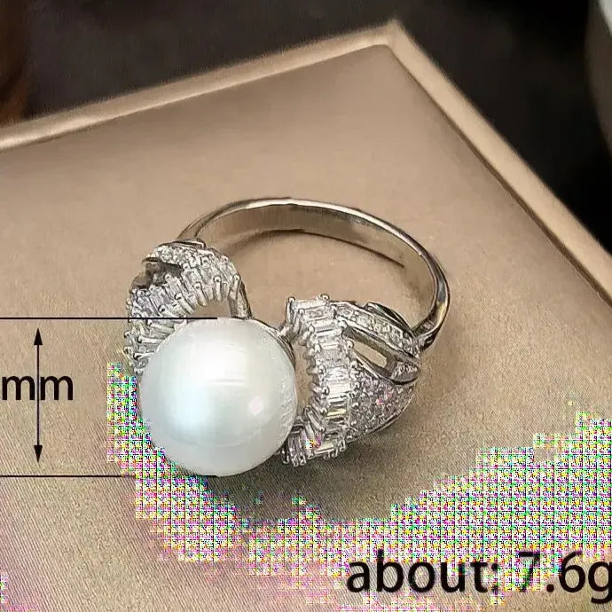 Simulated Pearl Cocktail Ring with Cubic Zirconia Brass Engagement Gift