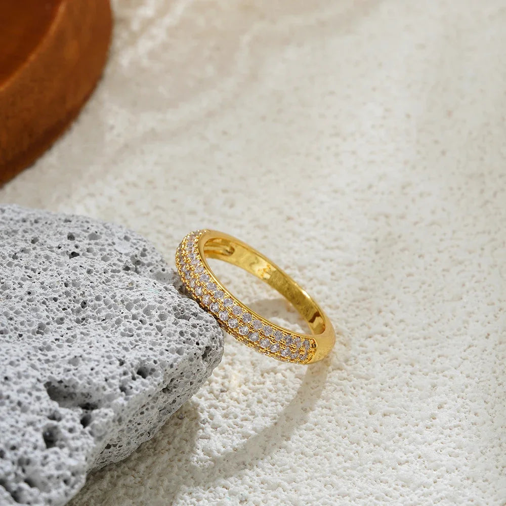 18K Gold Plated Stainless Steel Wedding Ring for Women with Cubic Zirconia Charm