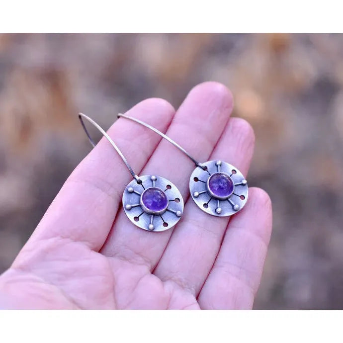 Vintage Silver Metal Purple Stone Circular Pendant Drop Earrings for Women