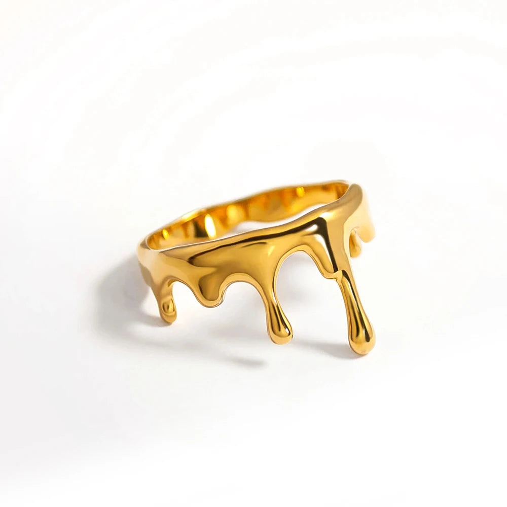 18K Gold Plated Stainless Steel Geometric Lava Melt Waterdrop Ring Bride Wed Party