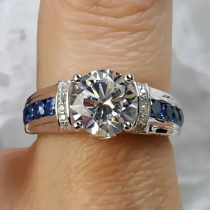 Elegant Brass Blue White CZ Geometric Wedding Band Ring for Women Gift