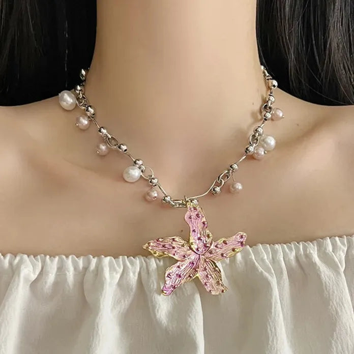 Vintage Purple Pink Starfish Flower Pearl Necklace with Zinc Alloy Pendant