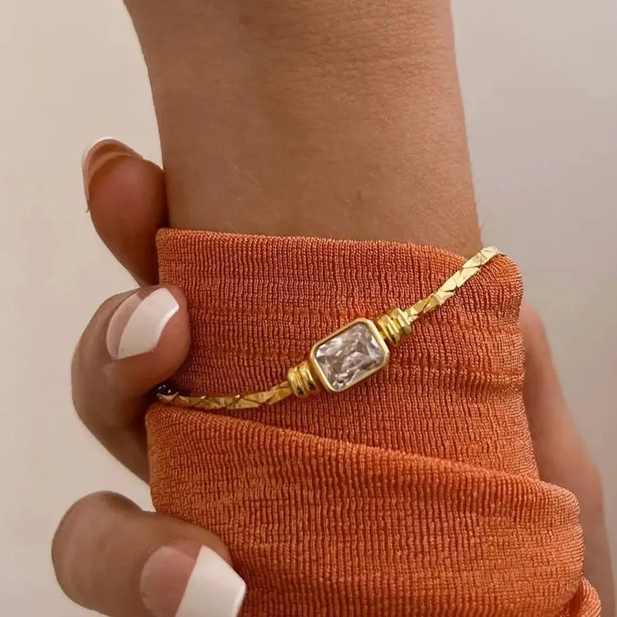 Adjustable Gold Plated Stainless Steel Snake Chain Square Crystal Zirconia Bracelet Women