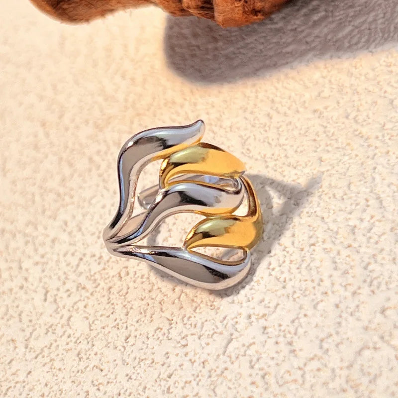 18K Gold Plated Stainless Steel Two-Tone Geometric Ripple Open Knuckle Ring