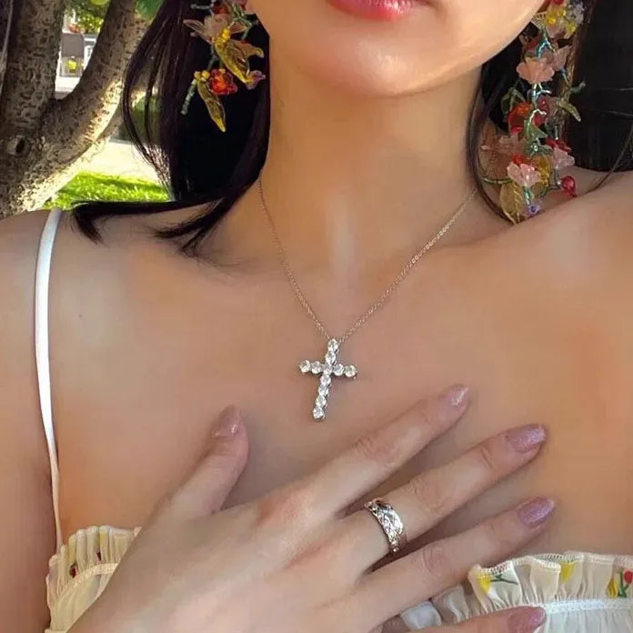 Stainless Steel Cross Pendant Necklace with Crystal Zircon for Women Men
