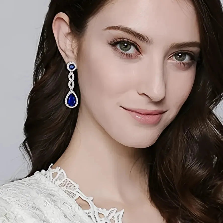 Blue Cubic Zirconia Geometric Drop Earrings for Women Brass Wedding Bride Jewelry