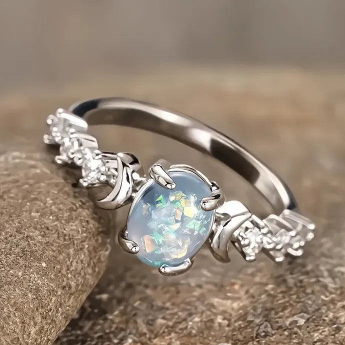 Oval Imitation Opal Wedding Band Ring for Women Brass Cubic Zirconia Jewelry