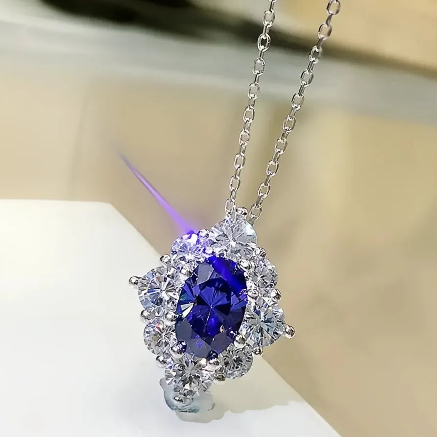 Blue Cubic Zirconia Geometric Pendant Necklace for Women Wedding Jewelry