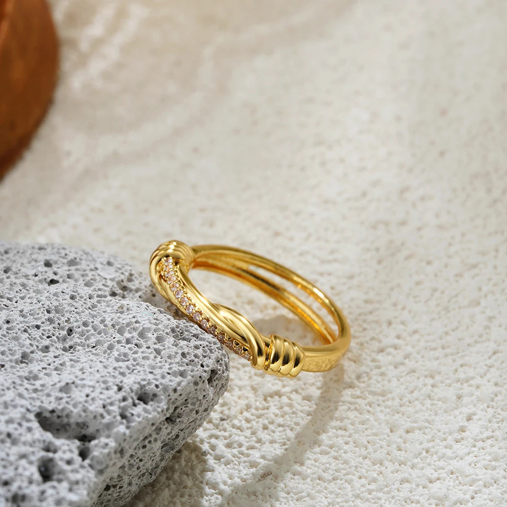 Stainless Steel Italian Designer CZ Zircon Twisted Wrap Statement Ring Minimalist Jewelry