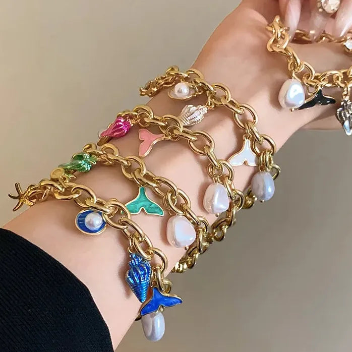 Drop Oil Fish Tail Conch Pearl Copper Alloy Chain Bracelet for Men & Women