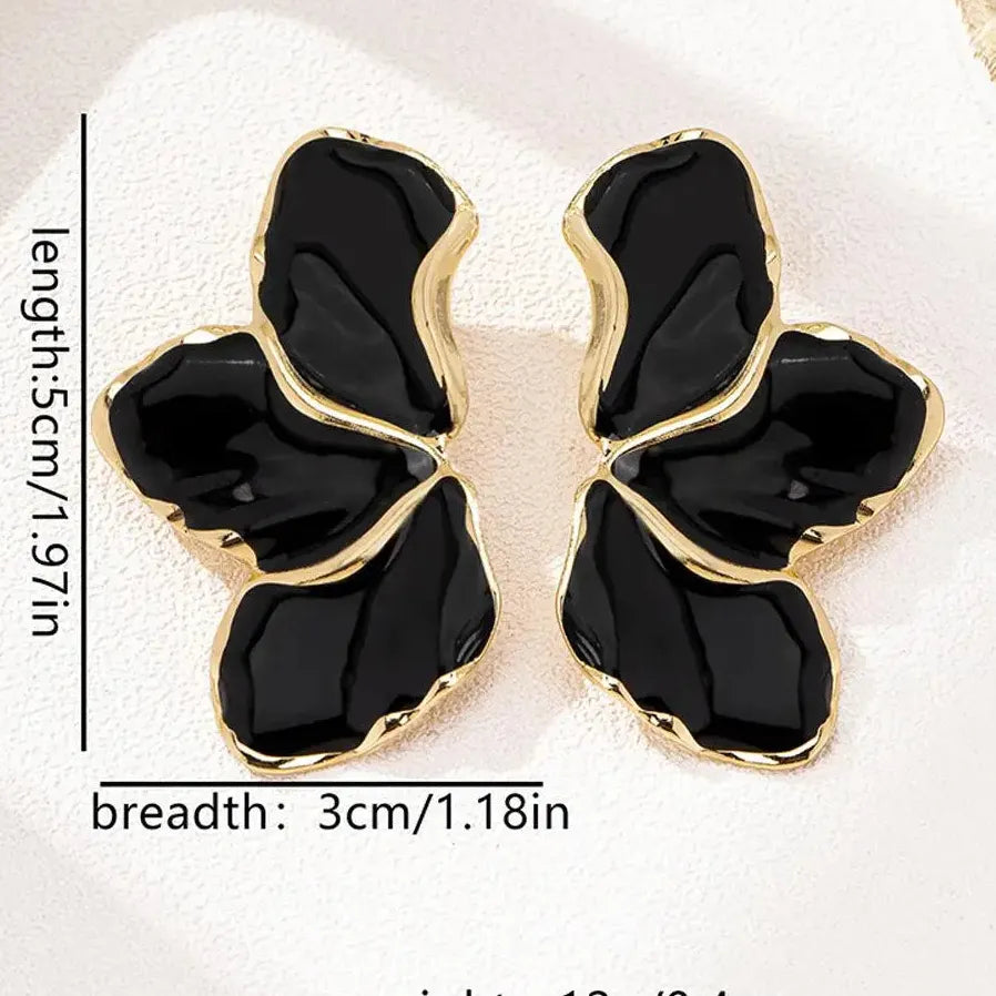 Vintage Black Enamel Flower Leaf Stud Earrings for Women Nature Jewelry