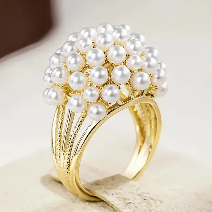 Simulated Pearl Brass Gold Wedding Band Engagement Ring Elegant Jewelry Gift