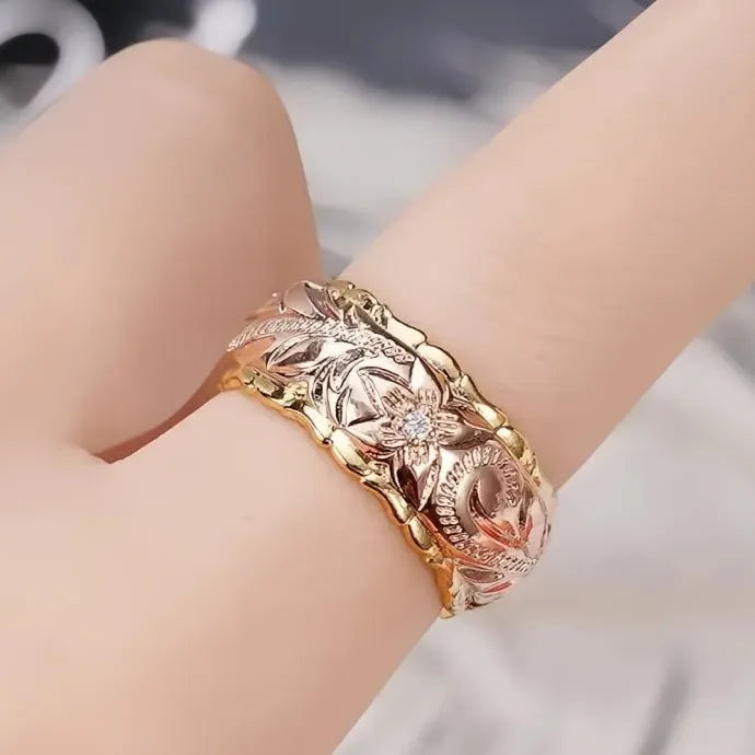 Two Tone CZ Flower Ring Brass Geometric Cocktail Party Jewelry Elegant