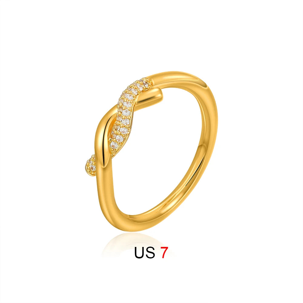 18K Gold Plated Stainless Steel Twist Knot Ring for Women with Cubic Zirconia