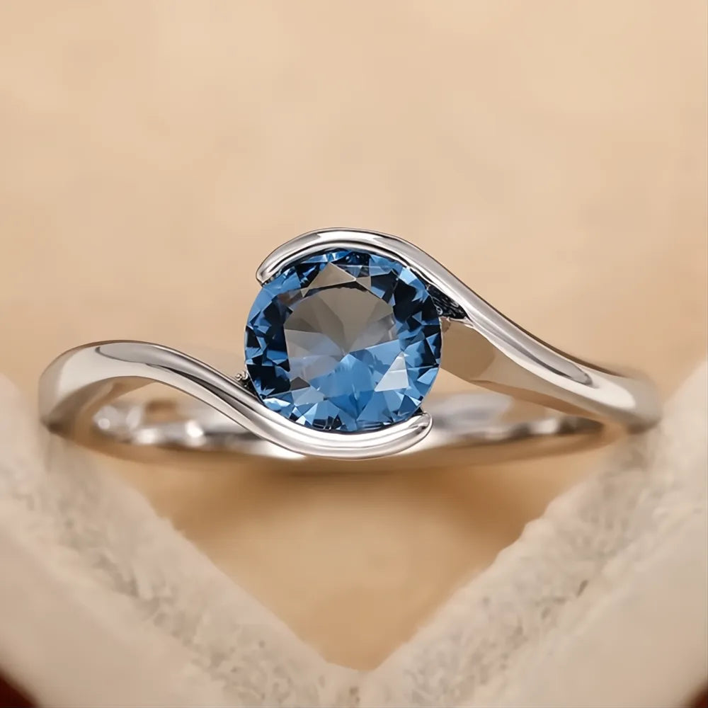 Luxury Solitaire Band Women's Ring with Blue Cubic Zirconia Bridal Wedding Jewelry 2022 Trendy