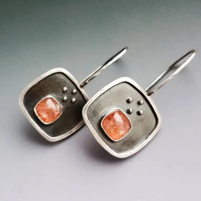 Classic Round Orange Stone Women's Earrings Silver Metal Square Pendant Jewelry