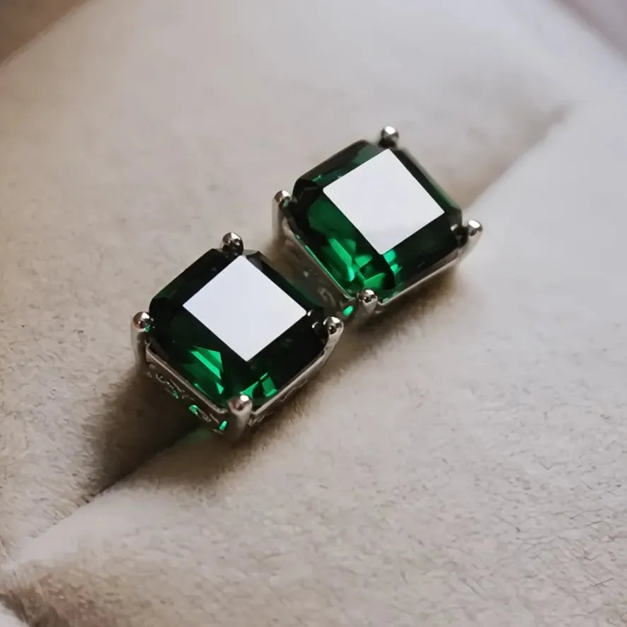Green Cubic Zirconia Square Stud Earrings for Women in Copper Alloy