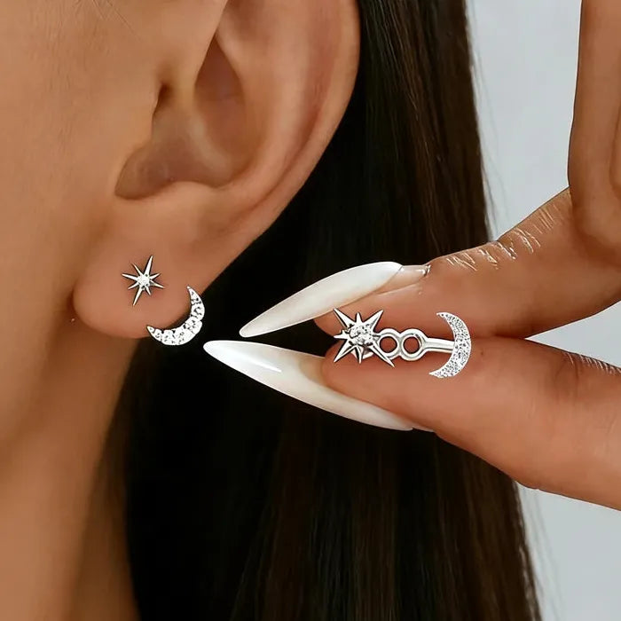 Minimalist Octagram Moon Zinc Alloy Stud Earrings Vintage Jewelry