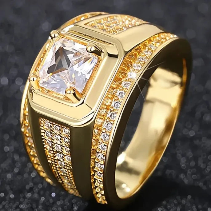 Men’s Gold Brass Geometric Wedding Band with Cubic Zirconia Engagement Ring